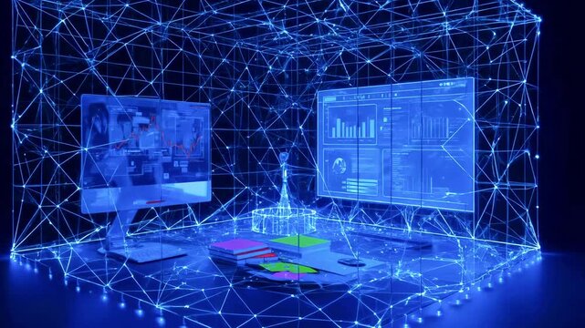 Futuristic digital workspace with glowing network connections, displaying data analytics and charts - Powered by Adobe