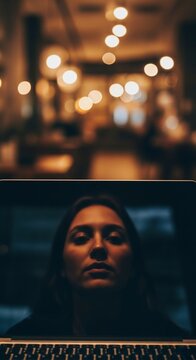 Woman's reflection on laptop screen with warm bokeh lights, symbolizing focus or introspection