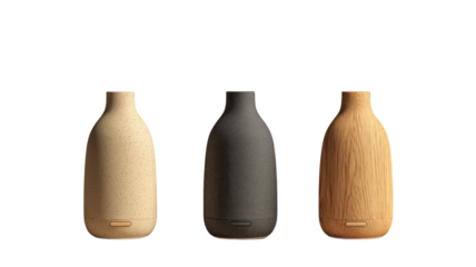 Elegant aroma diffuser collection in neutral tones on a minimalist transparent backdrop