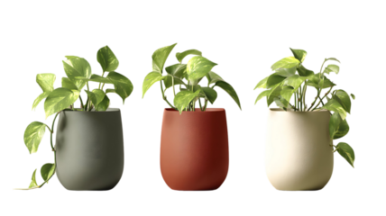 Elegant pothos plants in colorful pots against a stark transparent backdrop providing a studio shot