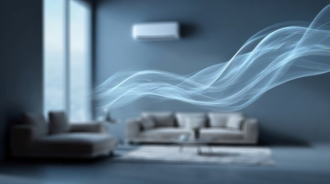 Air conditioning unit with cool air flow in modern living room. Cooling system for temperature control and air quality.