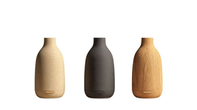 Elegant aroma diffuser collection in neutral tones on a minimalist transparent backdrop