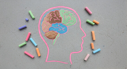Colorful Chalk Head Outline with Brain Sections and Scattered Chalk on Textured Gray Background Mental Health and