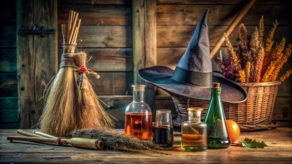 Photo of a witchs rustic halloween setup with potions a broom and a hat