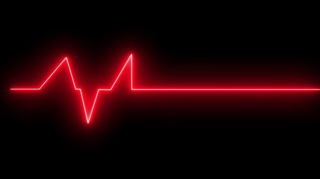 Blue Neon ECG Flatline Pulse &ndash; Glowing Electrocardiogram Line Art on Black Background, Medical Emergency Heartbeat Monitor Concept for Life Support Failure, Cardiac Arrest, or Health Crisis Themes
