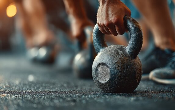 Athletes performing kettlebell exercises in a gym, demonstrating strength and fitness during an intense training session