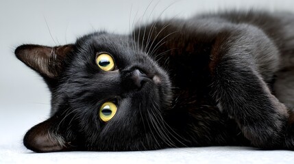 A sleek black cat lounges gracefully, its piercing yellow eyes gazing directly at the viewer, creating a captivating and slightly curious moment.