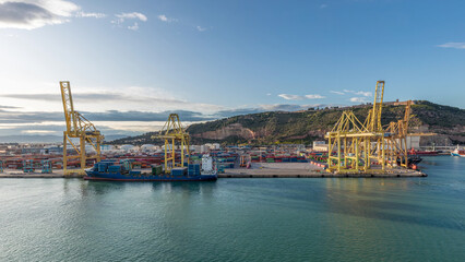 Aerial view of the sea cargo port and container terminal of Barcelona timelapse, Barcelona,...