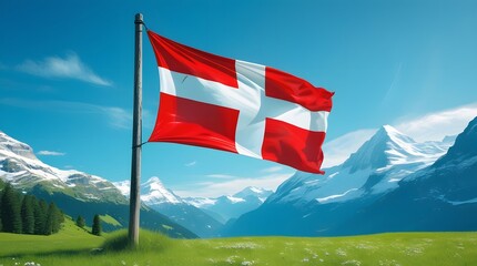 Waving Swiss Flag on Alpine Meadow with Snow-Capped Mountains Under Blue Sky