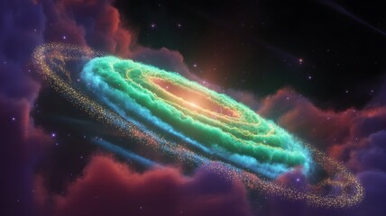 Stunning galaxy with vibrant colors and golden stardust swirling in space, a cosmic spectacle