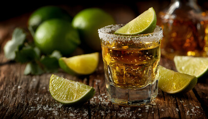 glass of tequila with lime