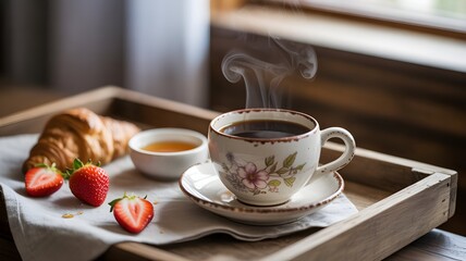 Enjoy a delicious breakfast with fresh strawberries, hot coffee and croissant on a wooden tray