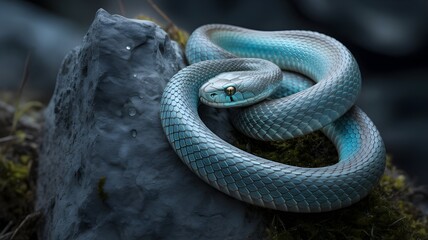 Stunning blue snake coiled on mossy rock, a captivating nature scene for educational or fantasy projects