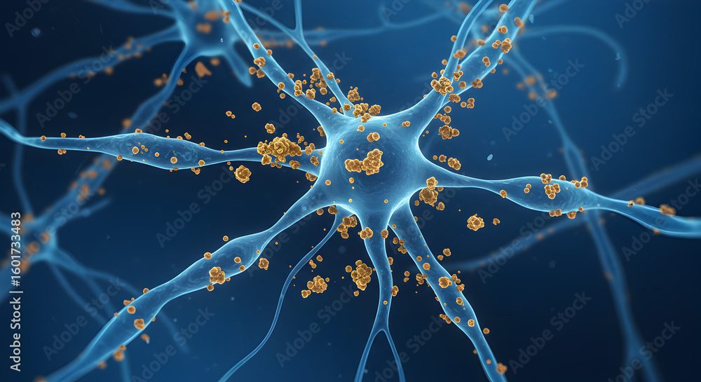Poster detailed neuron structure with golden particles on blue gradient background visualization