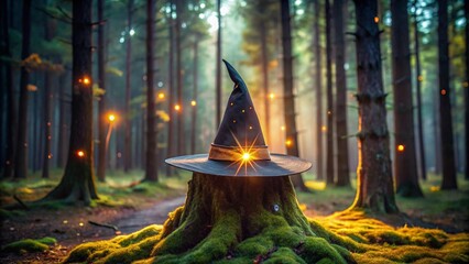 Photo of a witchs hat rests on a mossy stump in an enchanted forest with glowing lights