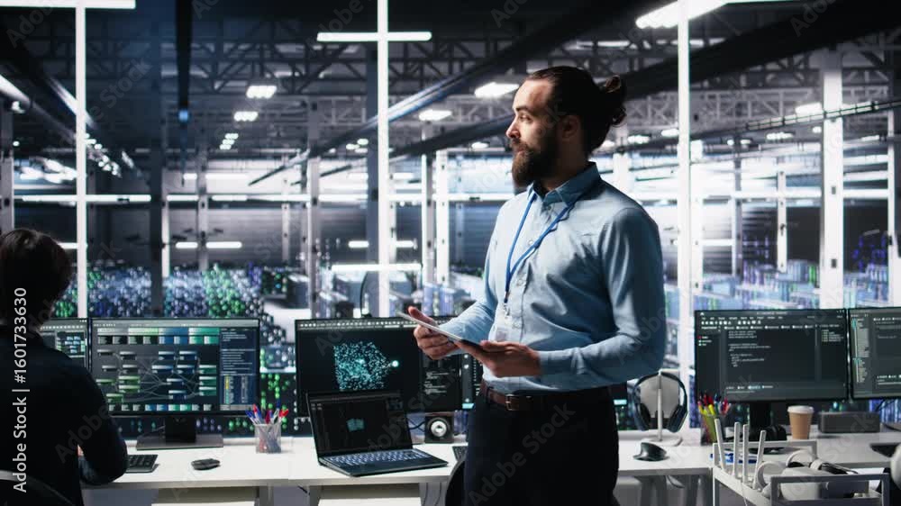 Poster man briefing investors on server room machine learning hardware. data center supervisor filming ai t