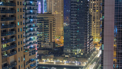 Aerial view of Dubai Marina from a vantage point night timelapse.