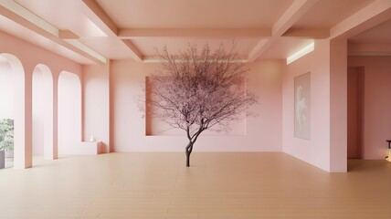 Stunning minimalist pink interior with blossom tree for serene modern living and lifestyle concepts