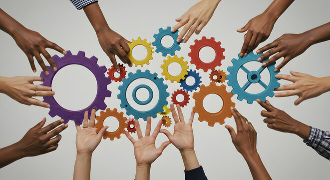 Diverse Hands Reach for Multicolor Gears Symbolizing Collaboration and Teamwork on Bright Background