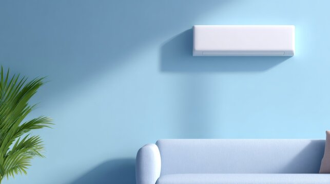 Air conditioner in light blue room with sofa and plant. Empty home interior with cool air system. Modern climate control. - Powered by Adobe