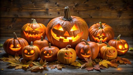 Photo of a collection of carved halloween pumpkins with glowing faces arranged on a rustic wooden surface