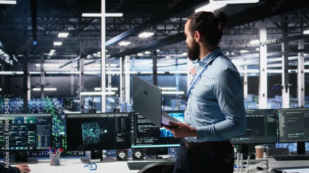 Poster data center manager presents ai technology to shareholders, demonstrating predictive maintenance cap