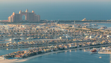 Aerial view of Palm Jumeirah Island timelapse.