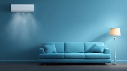 A modern air conditioner unit blowing cold air in a room with a blue sofa and a floor lamp. Home cooling.