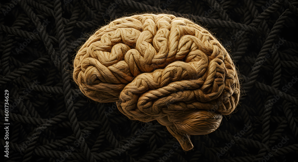 Poster golden textured human brain intertwined with black ropes representing cognitive complexity on dark b