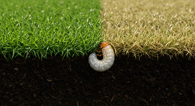 Grub Worm on Dirt Between Healthy Green Grass and Withered Yellow Grass in Lawn Garden with Soil Pest Control
