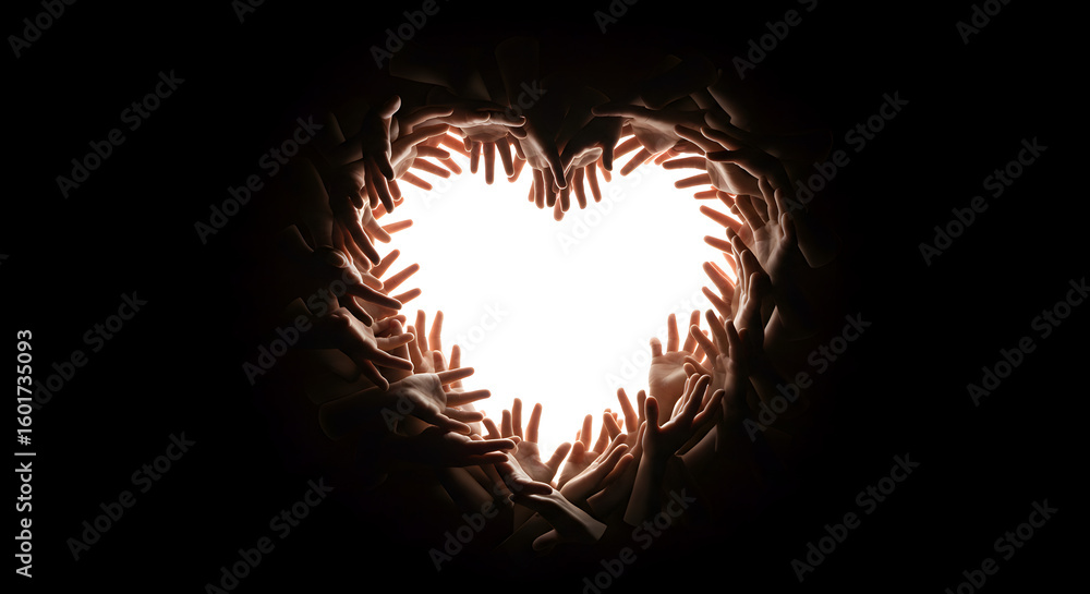 Poster heart shape made of hands reaching from dark background to a bright center symbolizing unity