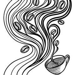 Abstract coffee illustration with flowing lines and beans black and white