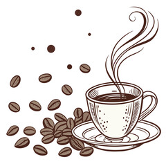 Artistic coffee cup with steaming aroma and scattered beans saucer