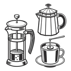 Black and white sketch of coffee brewing equipment french press moka pot
