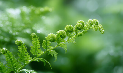 Fresh green fern fronds unfurling with dewdrops close-up vibrant natural forest plant detailed and lively outdoor scene. generative ai