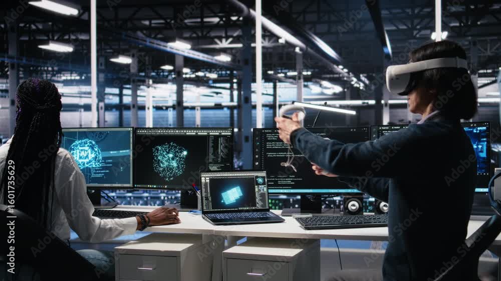 Poster data center engineer using virtual reality, working on neural network software development. it exper