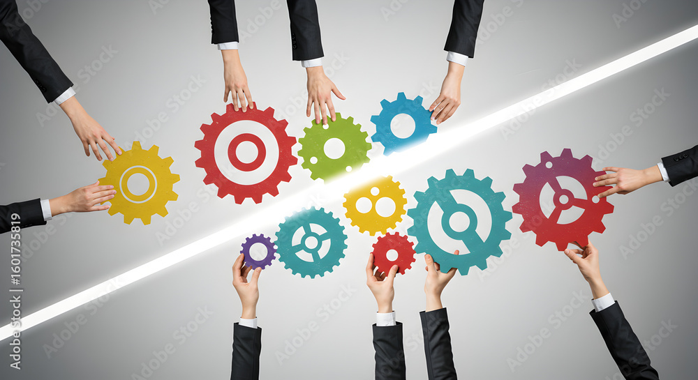 Aufkleber many hands holding various colorful gears on gradient gray background showing cooperation