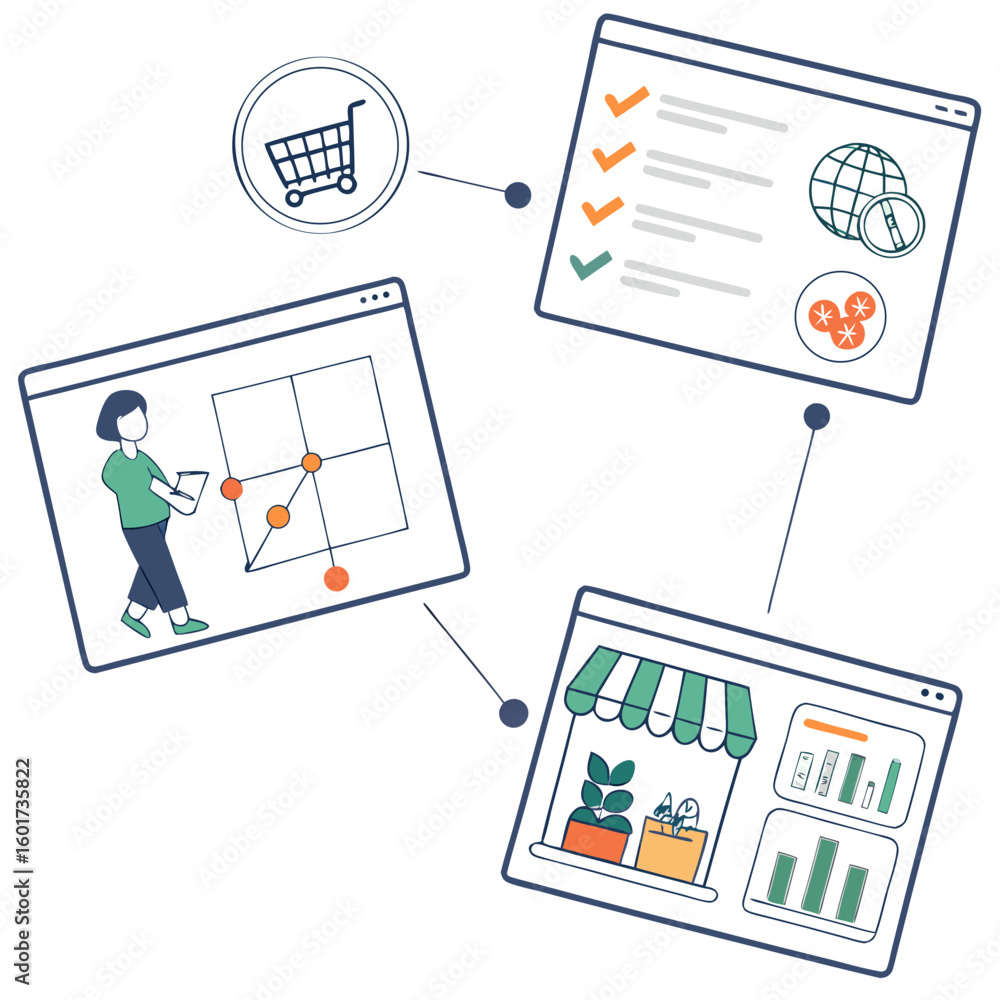 Poster business process flow with shopping cart and analytics vector