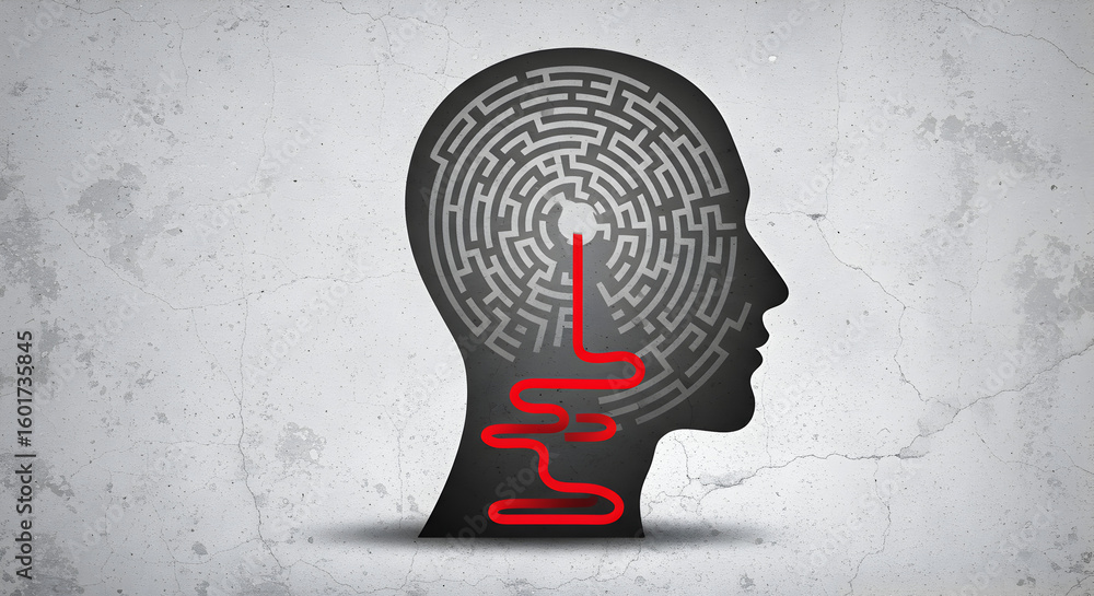 Poster maze in a head silhouette with red path on a textured gray background illustrating problem solving a