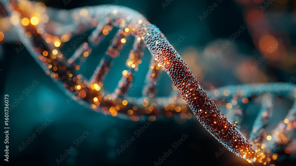 Poster dna strand illuminated: a close-up shot reveals a vibrant, glowing dna strand, its intricate double 