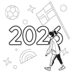 Celebratory soccer fan with flag and year soccer ball person