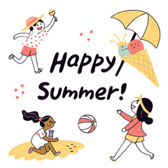 Fototapeta premium Cheerful children enjoying summer activities with ice cream and beach ball playing