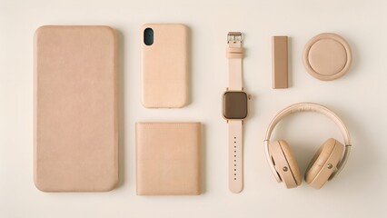 Beige Tech Accessories Flatlay with Smartwatch Headphones and Devices