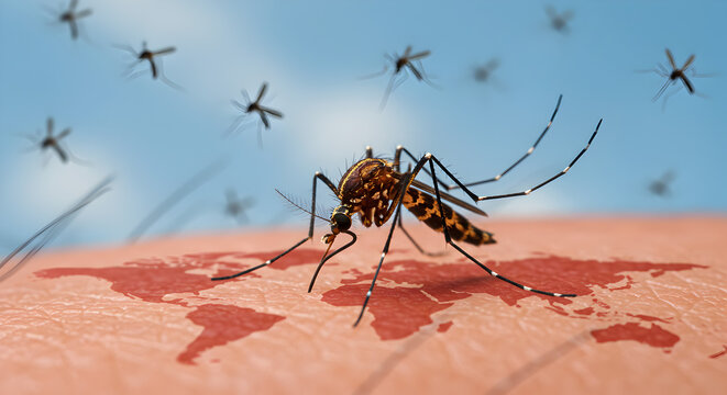 Mosquito Biting Human Skin Showing World Map with Many Mosquitoes Flying Around on Bright Blue Sky During Daylight
