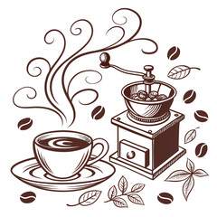 Coffee cup and grinder with swirling steam and beans coffee grinder coffee beans