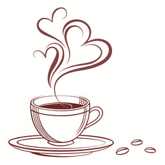 Coffee cup with heart shaped steam and beans hot drink hearts