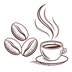 Coffee cup with steam and beans line art vector