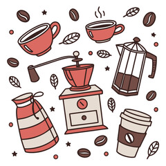 Coffee time collection with cups grinder and beans french press