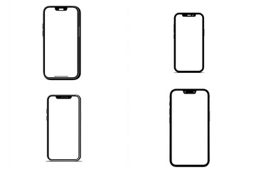 Four sleek, frameless smartphones with blank white screens on a stark white background