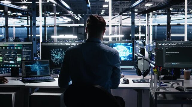 Admin using devices in data center, coding with generative AI assistance. IT employee oversees leveraging artificial intelligence large language model tech on PC, laptop and tablet, camera A